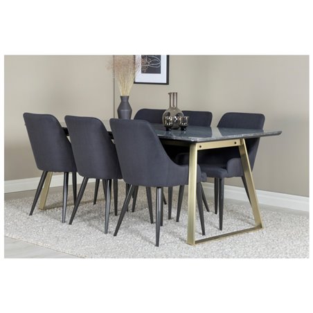 Estelle Dining Table 200*90*H76 - Grey / Brass, Plaza Dining Chair - Black Legs - Black Fabric_6