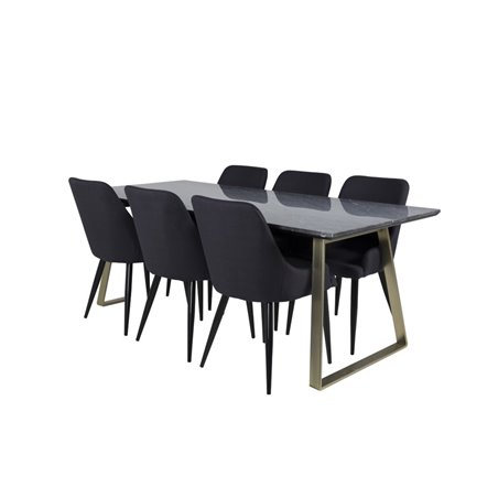 Estelle Dining Table 200*90*H76 - Grey / Brass, Plaza Dining Chair - Black Legs - Black Fabric_6