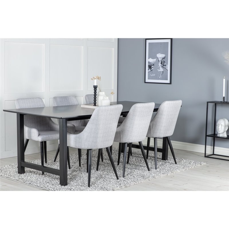 Count Dining Table - 220*100*H75 - Black / Black, Plaza Dining chair - Black legs - Light Grey Fabric_6 Count Dining Table - 220*100*H75 - Black / Black, Plaza Dining chair - Black legs - Light Grey Fabric_6