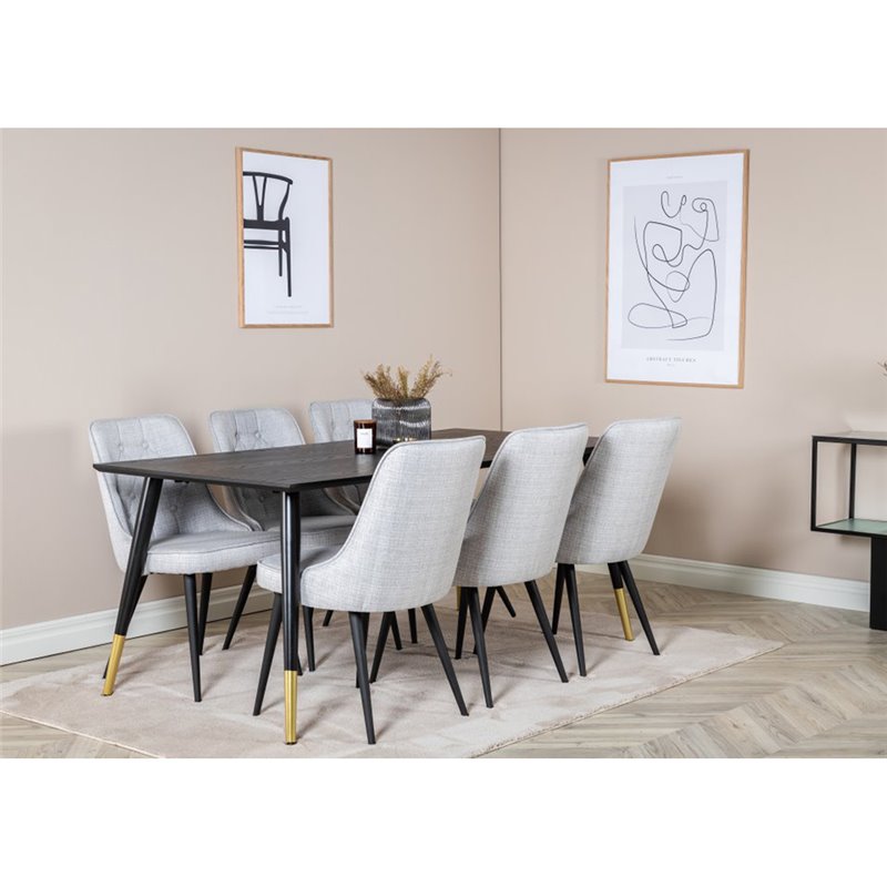 Dipp Dining Table - 180*90cm - Black / Black Brass, Velvet Deluxe Dining Chair - Black Legs - Light Grey Fabric_6