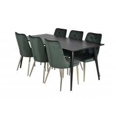 Dipp Dining Table - 180*90cm - Black Veneer / all black legs , Velvet Deluxe Dining Chair - Green / Brass_6