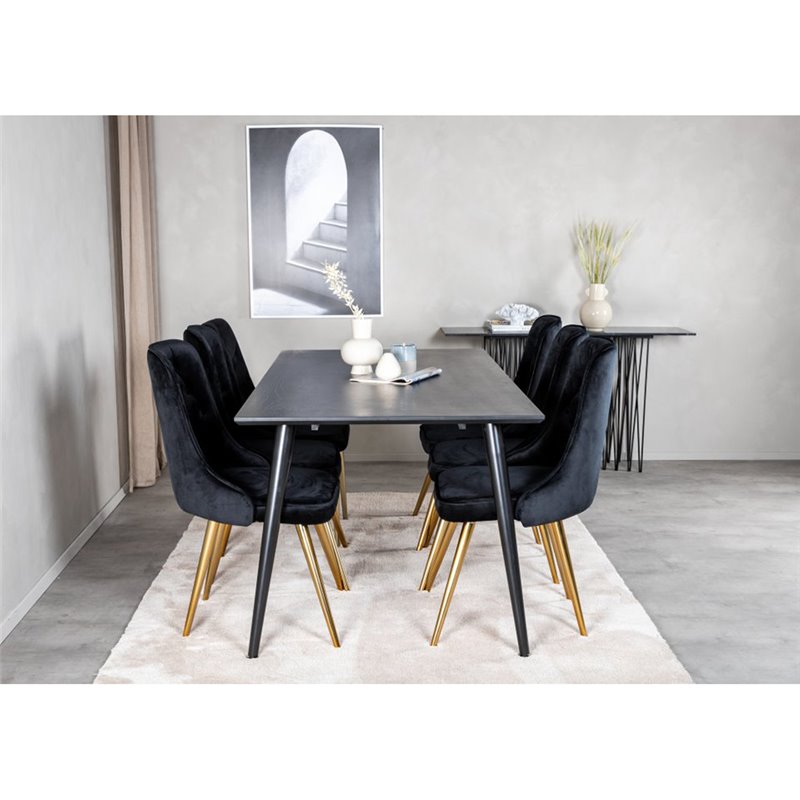 Dipp Dining Table - 180*90cm - Black Veneer / all black legs , Velvet Deluxe Dining Chair - Black / Brass_6