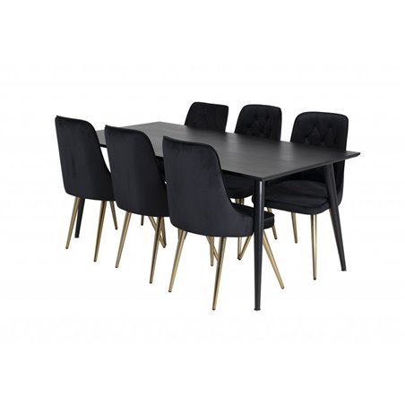 Dipp Dining Table - 180*90cm - Black Veneer / all black legs , Velvet Deluxe Dining Chair - Black / Brass_6