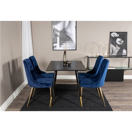 Dipp Dining Table - 120 cm - Black Veneer - Black Legs w, Brass dipp, Velvet Deluxe Dining Chair - Blue / Brass_4