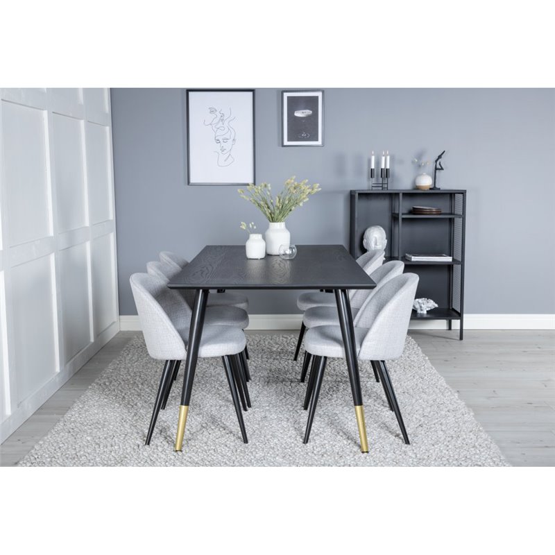 Dipp Dining Table - 180*90cm - Black / Black Brass, Velvet Dining Chiar - Black legs - Light GreyFabric_6