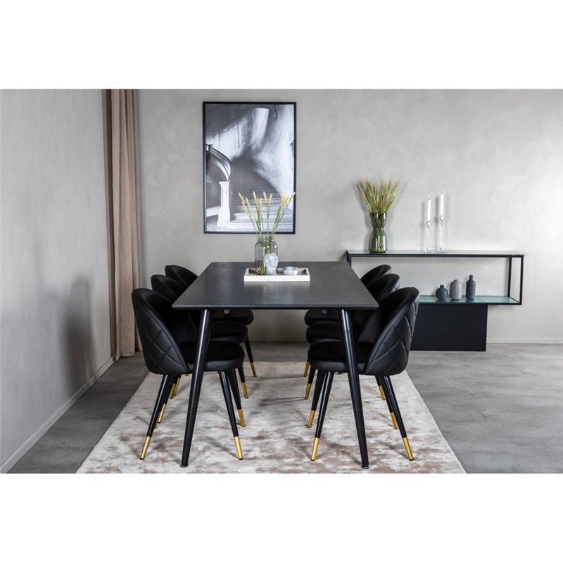 Dipp Dining Table - 180*90cm - Black Veneer / all black legs , Velvet Dining Chair w, Stiches - PU - Black / Black_6