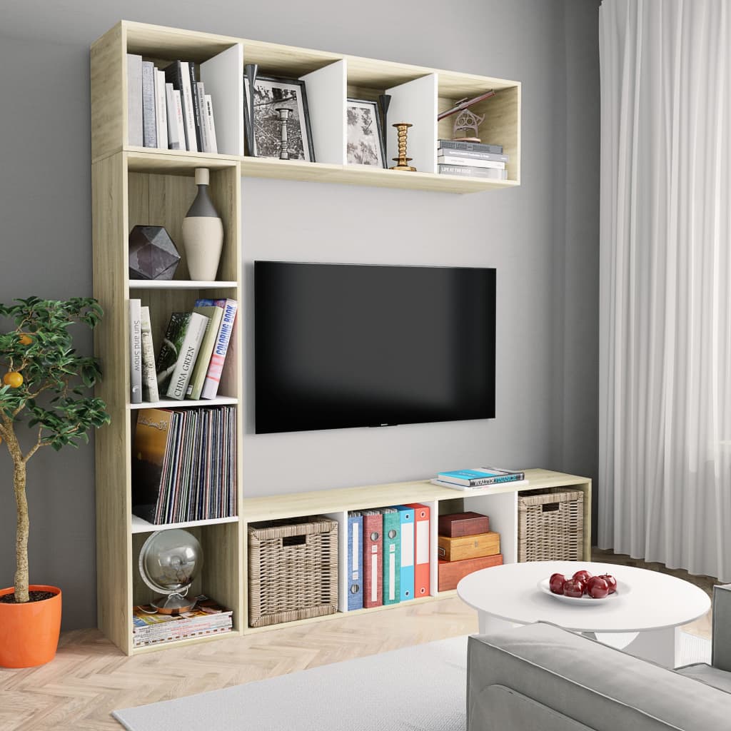  Bokhylla/TV-bänk 3 delar set vit och sonoma-ek 180x30x180 cm