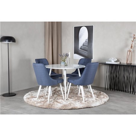 Plaza Round Table 100 cm - White top / White Legs, Velvet Deluxe Dining Chair - White Legs - Blue Fabric_4