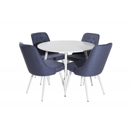 Plaza Round Table 100 cm - White top / White Legs, Velvet Deluxe Dining Chair - White Legs - Blue Fabric_4