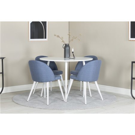 Plaza Round Table 100 cm - White top / White Legs, Velvet Dining Chiar - White  legs - Blue Fabric_4