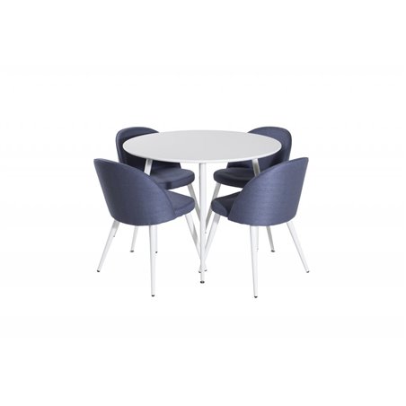 Plaza Round Table 100 cm - White top / White Legs, Velvet Dining Chiar - White  legs - Blue Fabric_4