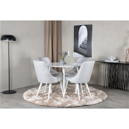 Plaza Round Table 100 cm - White top / White Legs, Velvet Deluxe Dining Chair - White Legs - Light Grey Fabric_4