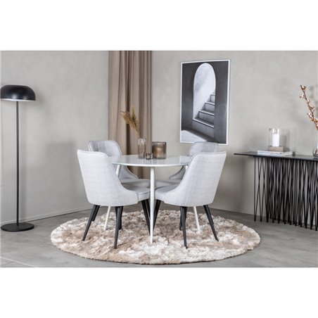 Plaza Round Table 100 cm - White top / White Legs, Velvet Deluxe Dining Chair - Black Legs - Light Grey Fabric_4