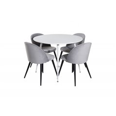 Plaza Round Table 100 cm - White top / White Legs, Velvet Dining Chair - Light Grey / Black_4