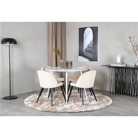 Plaza Round Table 100 cm - White top / White Legs, Velvet Dining Chair - Beige / Black_4