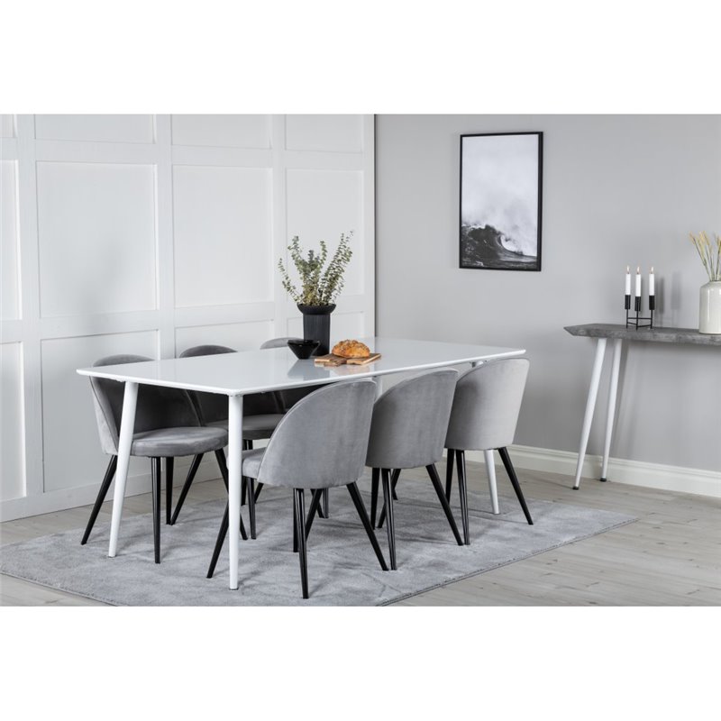 Polar Dining table 180 cm - White top / White Legs, Velvet Dining Chair - Light Grey / Black_6