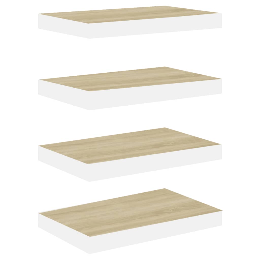  Svävande vägghyllor 4 st ek och vit 50x23x3,8 cm MDF