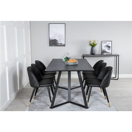 Marina Dining Table - Black top / Black Legs , Velvet Dining Chair w, Stiches - PU - Black / Black_6