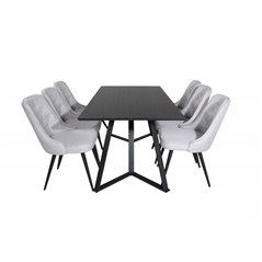 Marina Dining Table - Black top / Black Legs , Velvet Deluxe Dining Chair - Black Legs - Light Grey Fabric_6