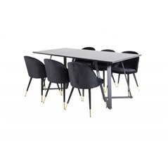 Marina Dining Table - Black top / Black Legs , Velvet Dining Chair Brass - Black / Black_6