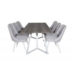 Marina Dining Table - Grey "oak"  / White Legs , Velvet Deluxe Dining Chair - White Legs - Light Grey Fabric_6