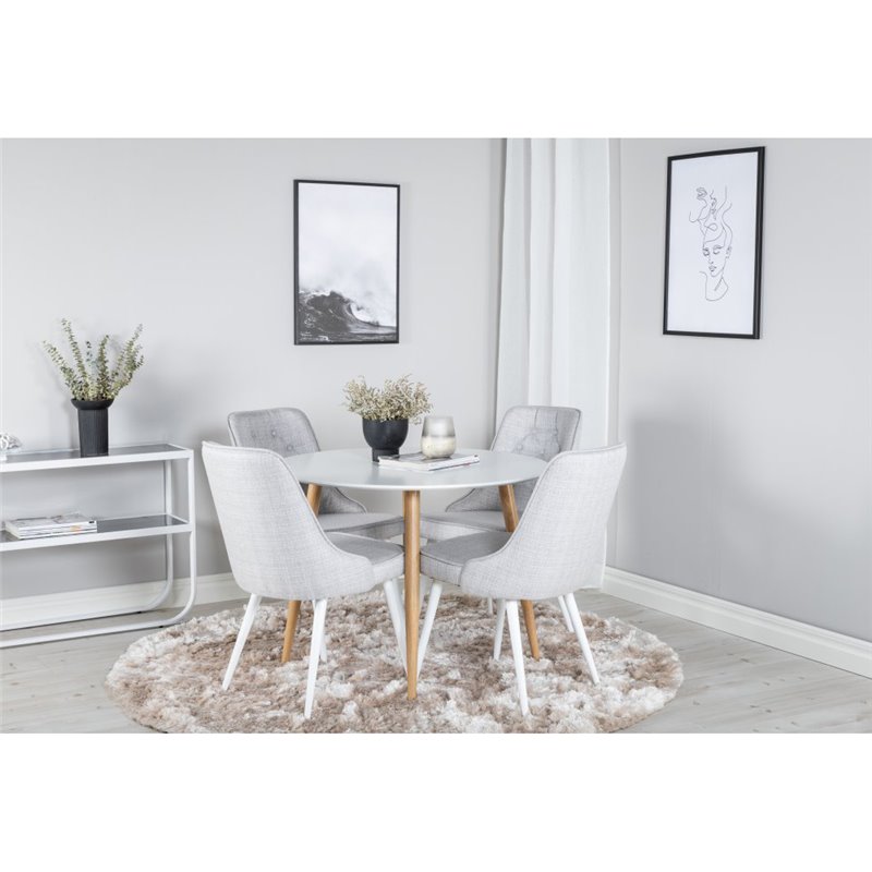 Plaza Round Dining Table - ø 100cm - White / Oak, Velvet Deluxe Dining Chair - White Legs - Light Grey Fabric_4