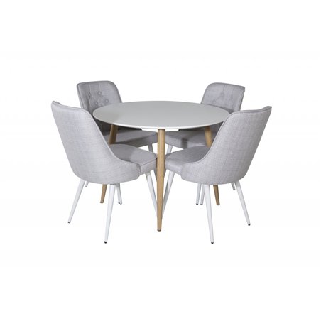 Plaza Round Dining Table - ø 100cm - White / Oak, Velvet Deluxe Dining Chair - White Legs - Light Grey Fabric_4