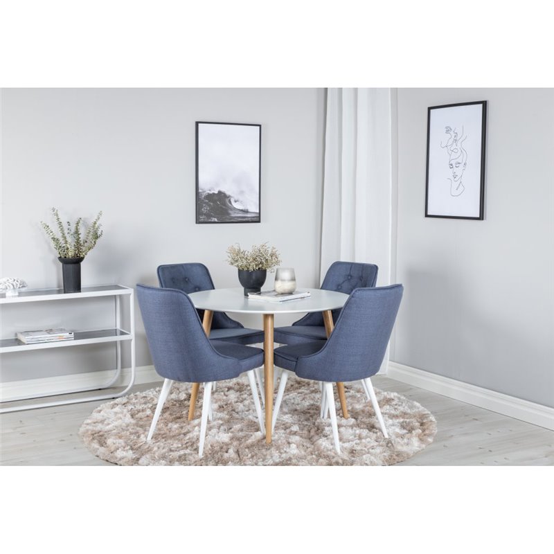 Plaza Round Dining Table - ø 100cm - White / Oak, Velvet Deluxe Dining Chair - White Legs - Blue Fabric_4