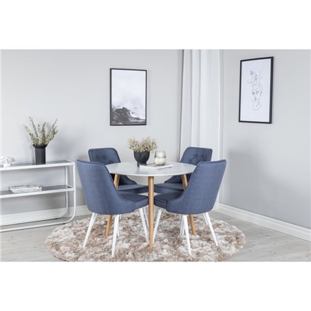 Pla za Rundt Spisebord - ø 100cm - Hvid / Eg, Velvet Deluxe Spisestuestol - Hvide Ben - Blue Stof_4