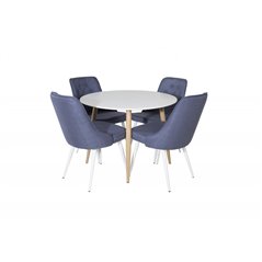 Plaza Round Dining Table - ø 100cm - White / Oak, Velvet Deluxe Dining Chair - White Legs - Blue Fabric_4