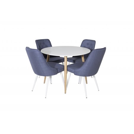 Plaza Round Dining Table - ø 100cm - White / Oak, Velvet Deluxe Dining Chair - White Legs - Blue Fabric_4