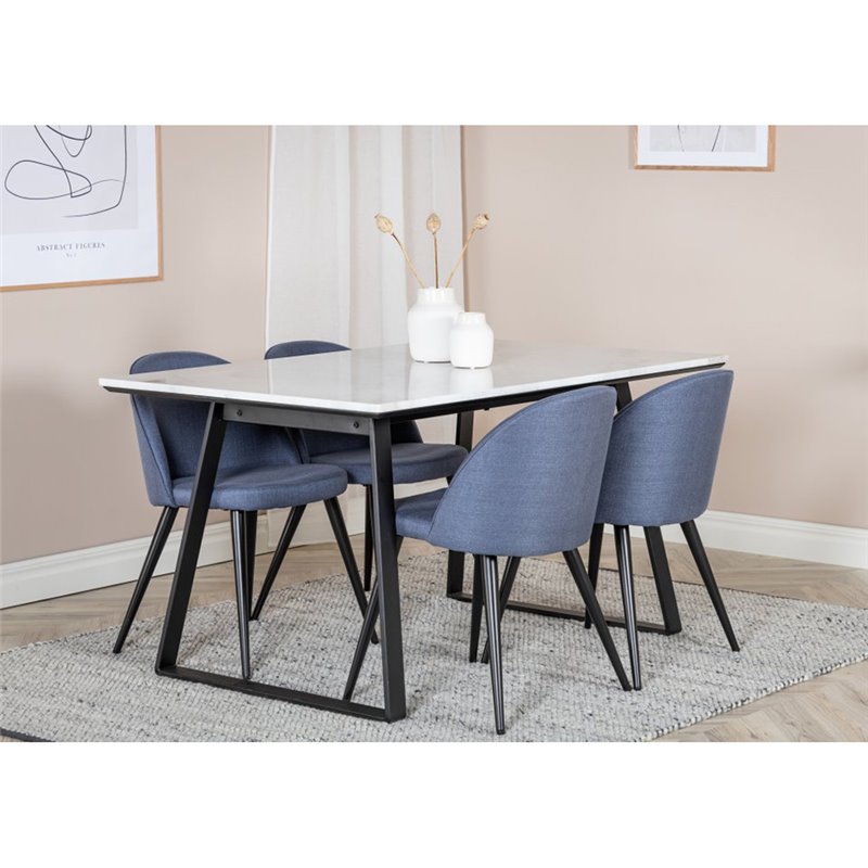 Estelle Dining Table 140*90 - White / Black, Velvet Dining Chiar - Black legs - Blue Fabric_4