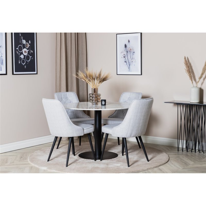 Estelle Round Dining Table ø106 H75 - White / Black, Velvet Deluxe Dining Chair - Black Legs - Light Grey Fabric_4