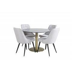 Estelle Round Dining Table ø106 H75 - Black / Brass, Velvet Deluxe Dining Chair - Black Legs - Light Grey Fabric_4