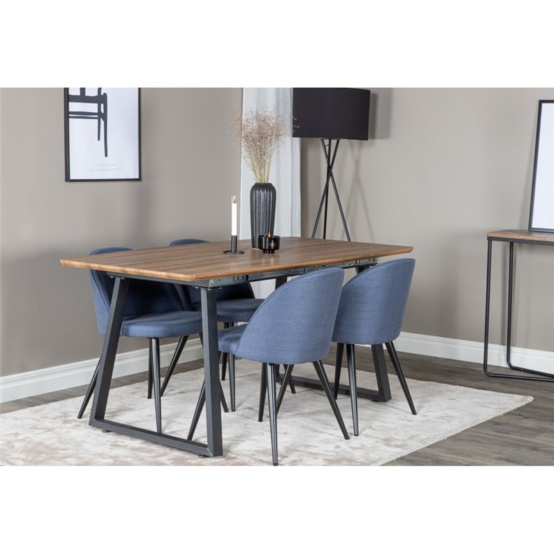 Inca Dining Table - 160/200*85*H75 - Oak / Black, Velvet Dining Chiar - Black legs - Blue Fabric_4