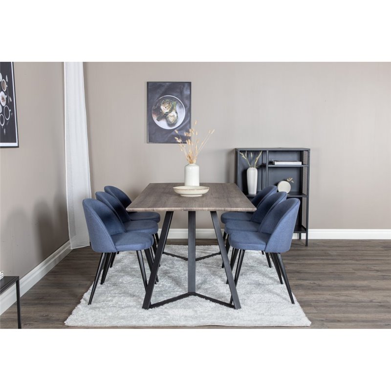 Marina Dining Table - 180*90*H75 - Grey / Black, Velvet Dining Chiar - Black legs - Blue Fabric_6