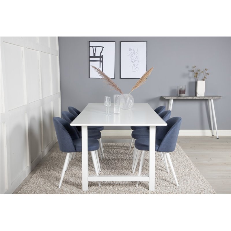 Count Dining Table - 220*100*H75 - White / White, Velvet Dining Chiar - White legs - Blue Fabric_6