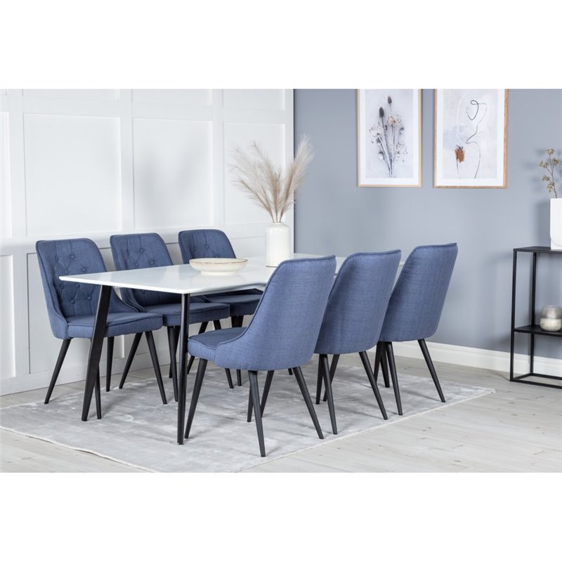 Polar Dining Table - 180*90*H75 - White / Black, Velvet Deluxe Dining Chair - Black Legs - Blue Fabric_6