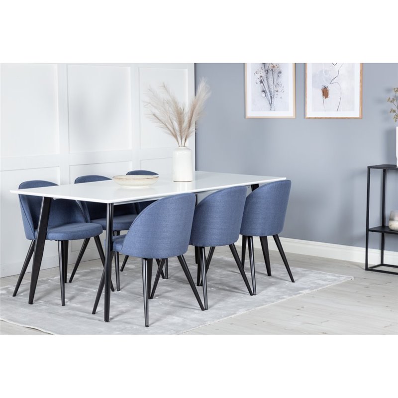 Polar Dining Table - 180*90*H75 - White / Black, Velvet Dining Chiar - Black legs - Blue Fabric_6