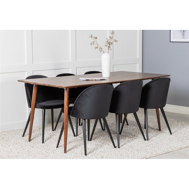 Polar Dining Table 180 cm - Walnut top - Walnut Legs, Velvet Dining Chair - Black / Black_6