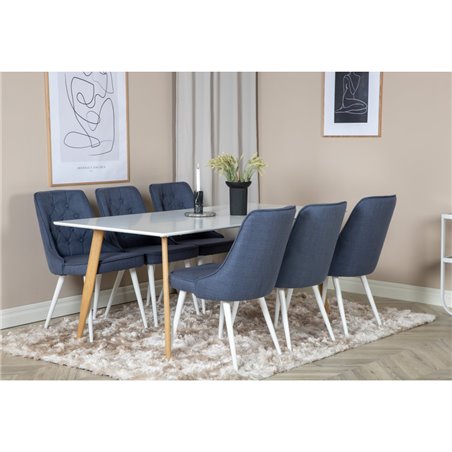 Polar Spisebord - 180 * 90 * H75 - Hvid / Eg, Velvet Deluxe Spisestuestol - Hvide Ben - Blue Stof_6