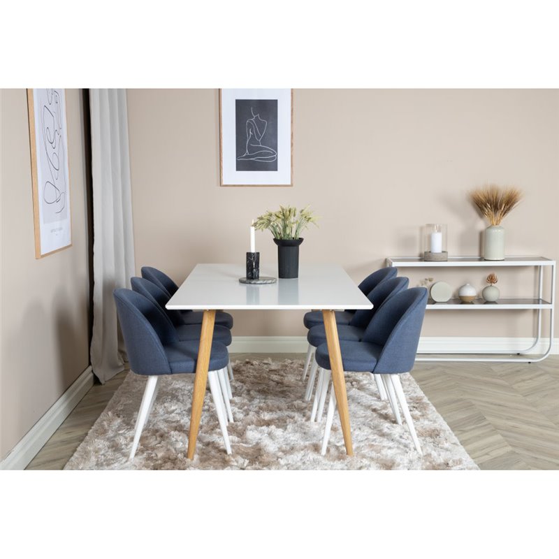 Polar Dining Table - 180*90*H75 - White / Oak, Velvet Dining Chiar - White legs - Blue Fabric_6