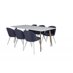 Polar Dining Table - 180*90*H75 - White / Oak, Velvet Dining Chiar - White legs - Blue Fabric_6