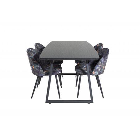 Inca Extentiontable - Black top / black Legs, Velvet Dining Chair -  Black Flower fabric_4