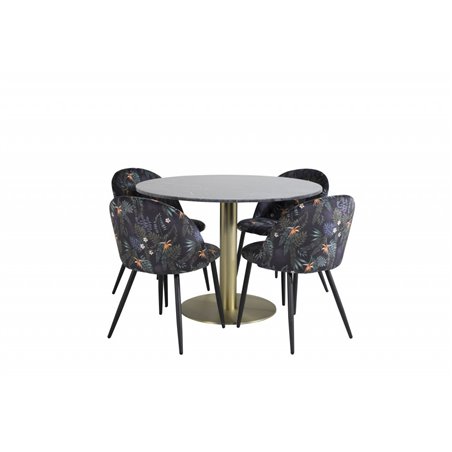 Estelle Round Dining Table ø106 H75 - Black / Brass, Velvet Dining Chair - Black Flower fabric_4