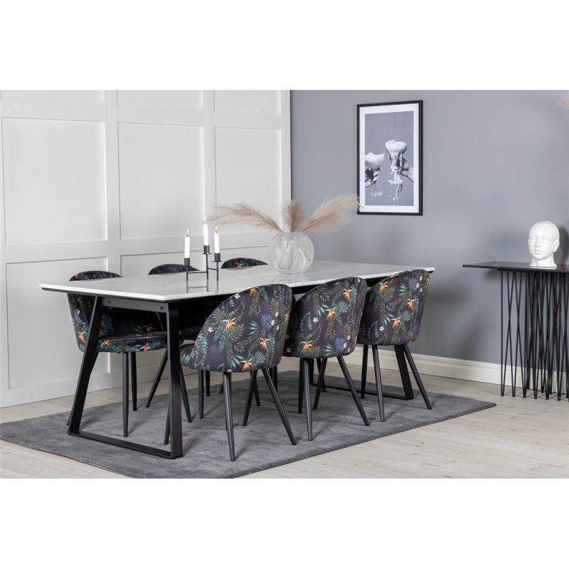 Estelle Dining Table 200*90*H76 - White / Black, Velvet Dining Chair -  Black Flower fabric_6