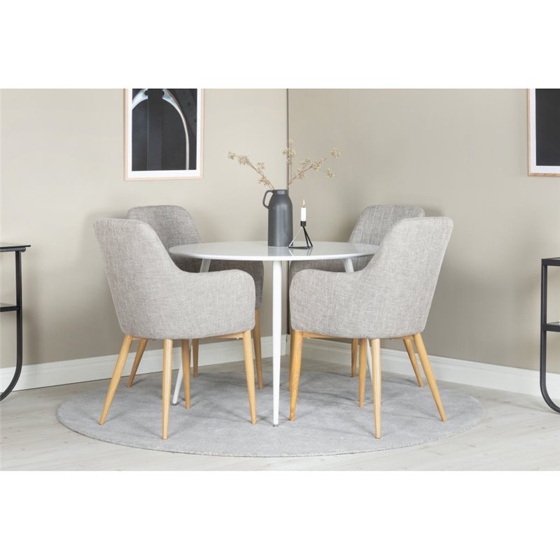 Plaza Round Table 100 cm - White top / White Legs, Comfort Dining Chair - Light Grey / Oak_4