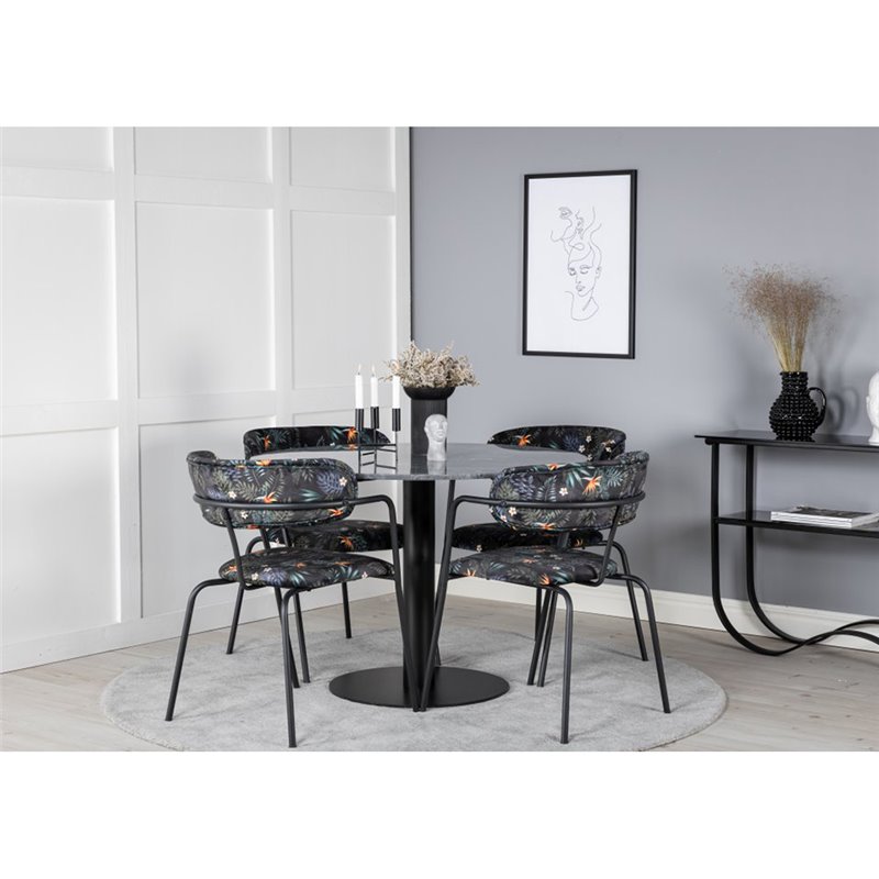 Estelle Round Dining Table ø106 H75 - Black / Black, Arrow armchair - Black Legs - Black Flower printed Fabric_4