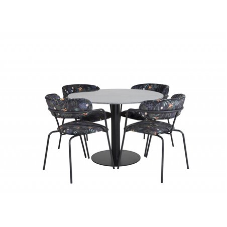 Estelle Round Dining Table ø106 H75 - Black / Black, Arrow armchair - Black Legs - Black Flower printed Fabric_4