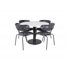 Estelle Round Dining Table ø106 H75 - White / Black, Arrow armchair - Black Legs - Black Flower printed Fabric_4